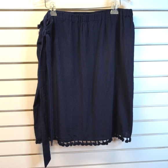 J Crew Navy100% Cotton Blue Faux Wrap Fringe Skirt Size XL NWT - Picture 2 of 7